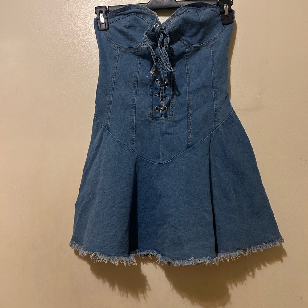 Western Denim Lace-Up Bustier Skater Dress Sz S Blue Stretch